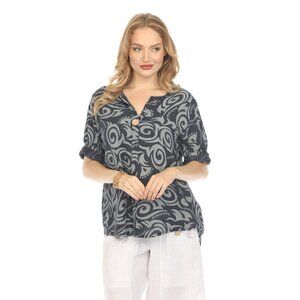 Navy Spiral Print V-Neck Button Detail Top